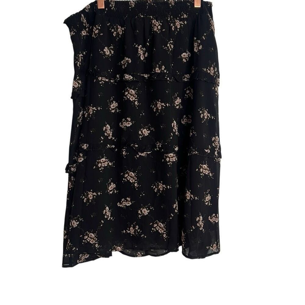 Allegra K NWOT Floral Smocked Waist Knee Length Ruffle Tiered Skirt Black XL - Picture 2 of 10